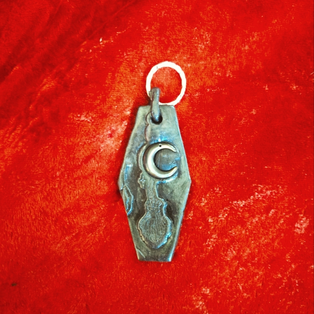 Handmade coffin pendant - with a black moonstone crescent moon